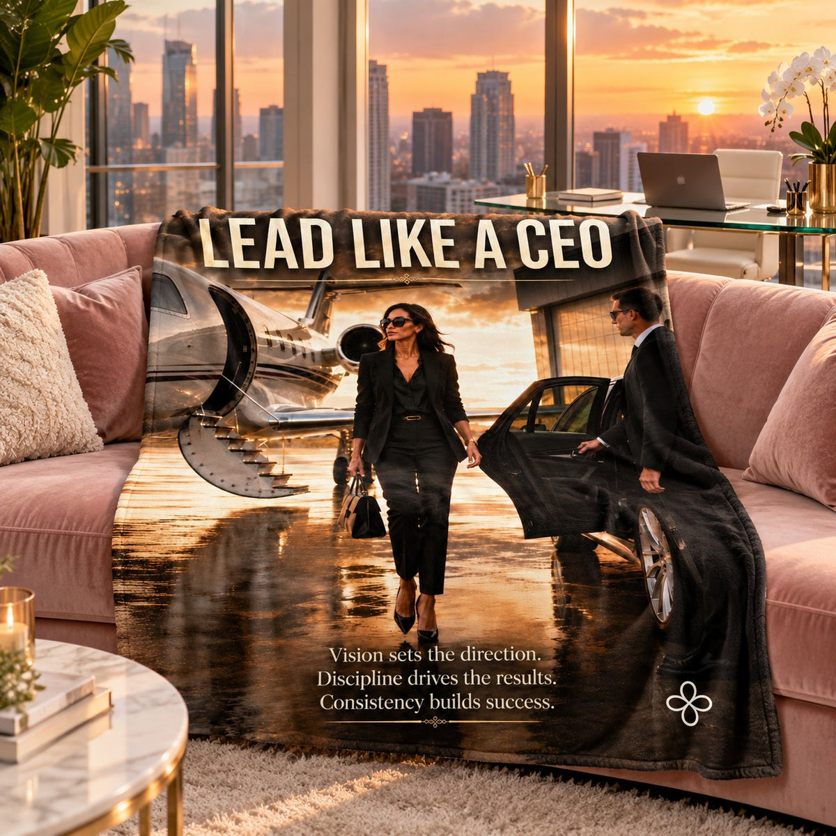 Lead Like a CEO motivational quote sherpa blanket draped over a sofa