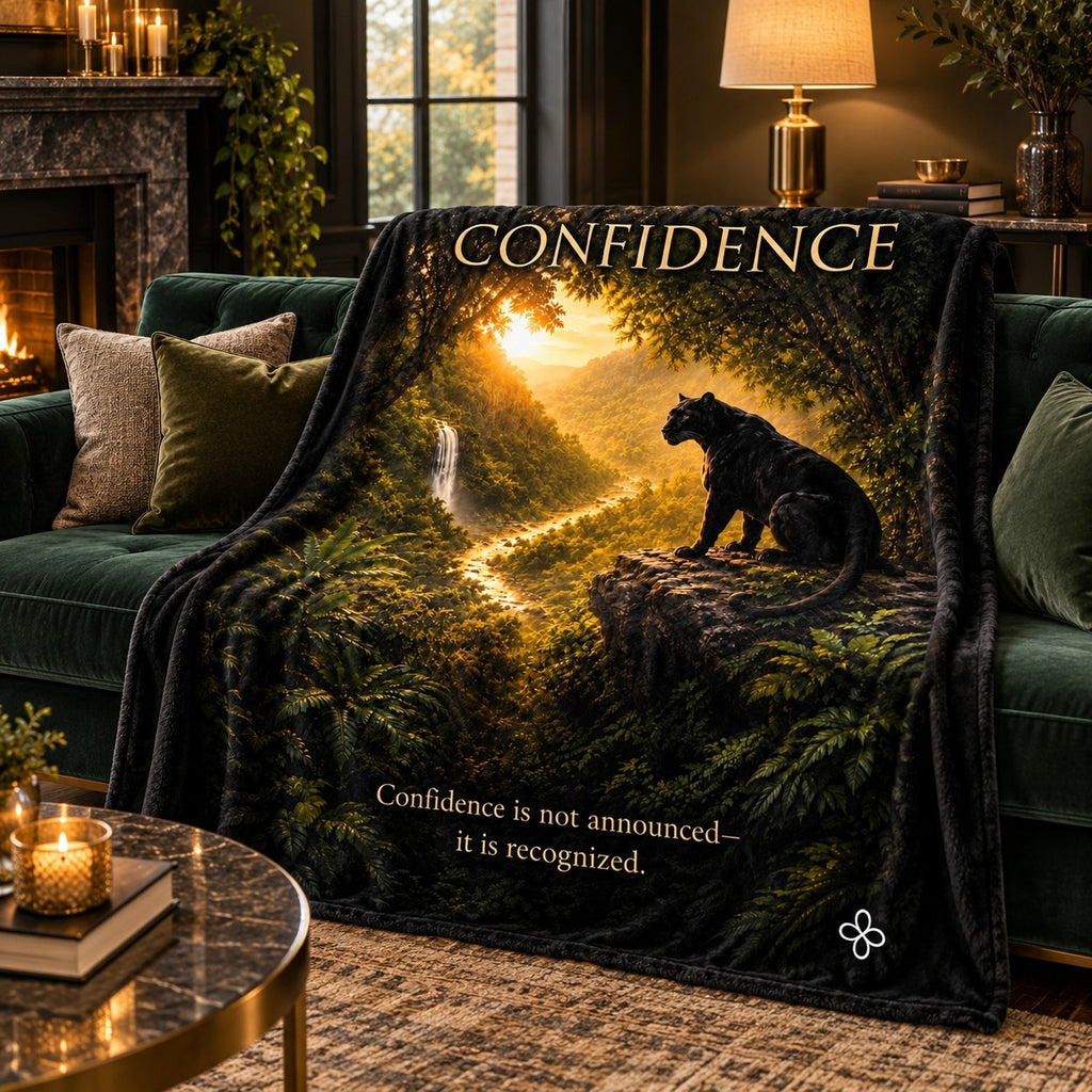 Confidence motivational quote sherpa blanket draped over a sofa