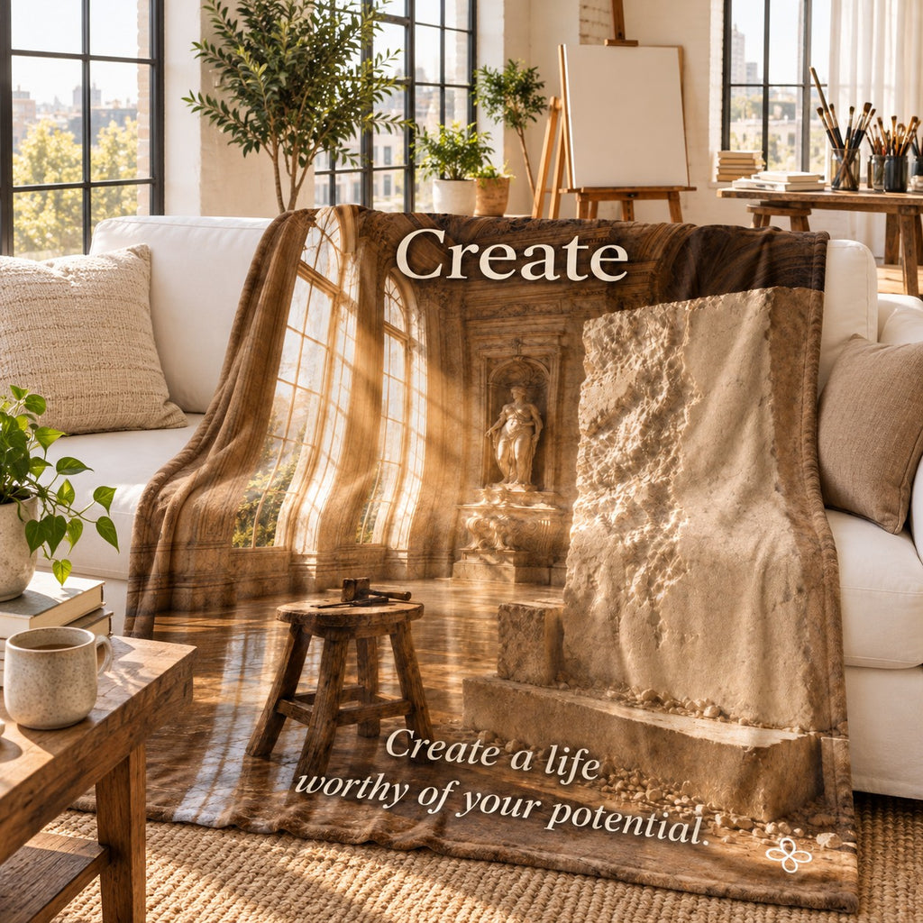 Create motivational quote blanket draped over a sofa