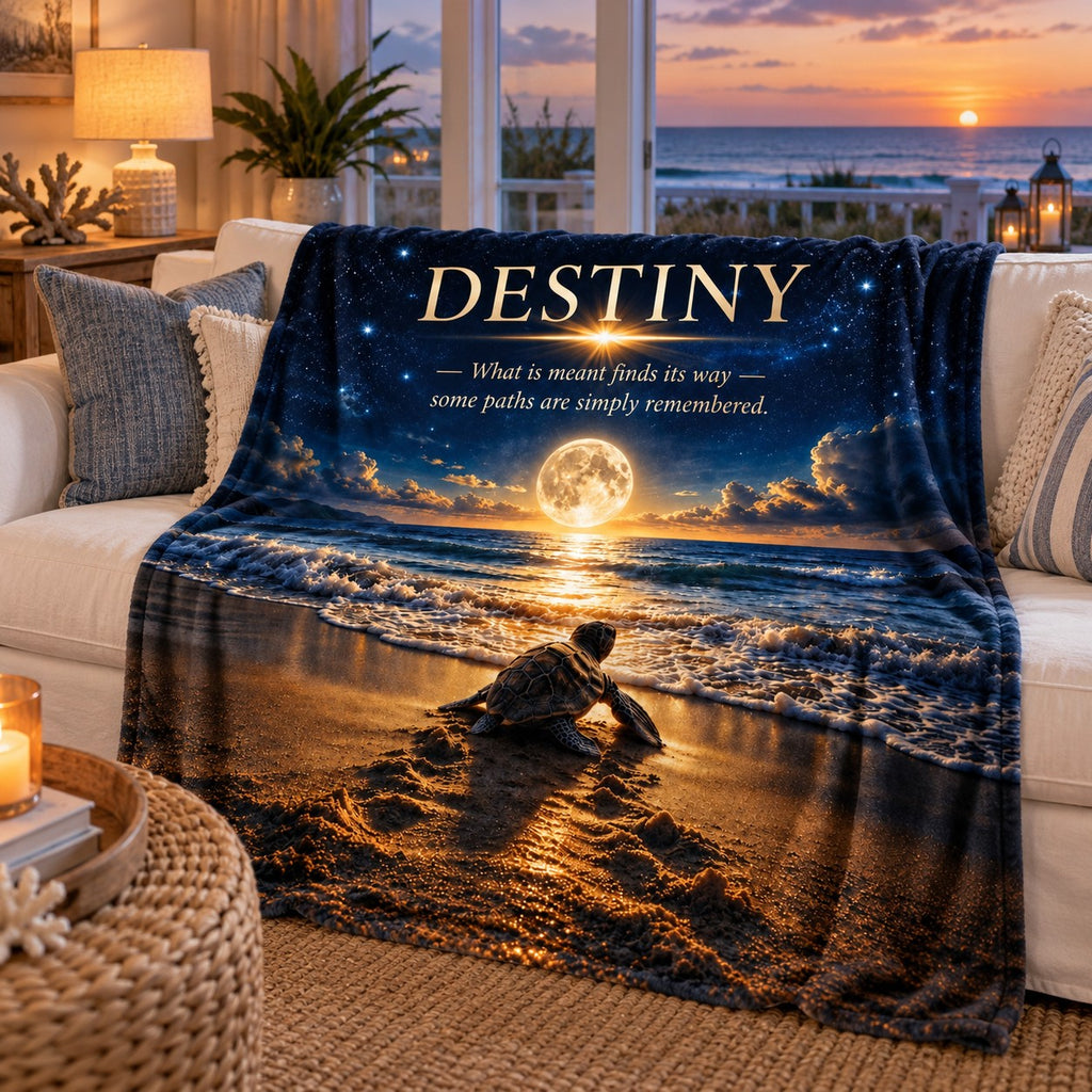 Destiny motivational quote blanket draped over a sofa