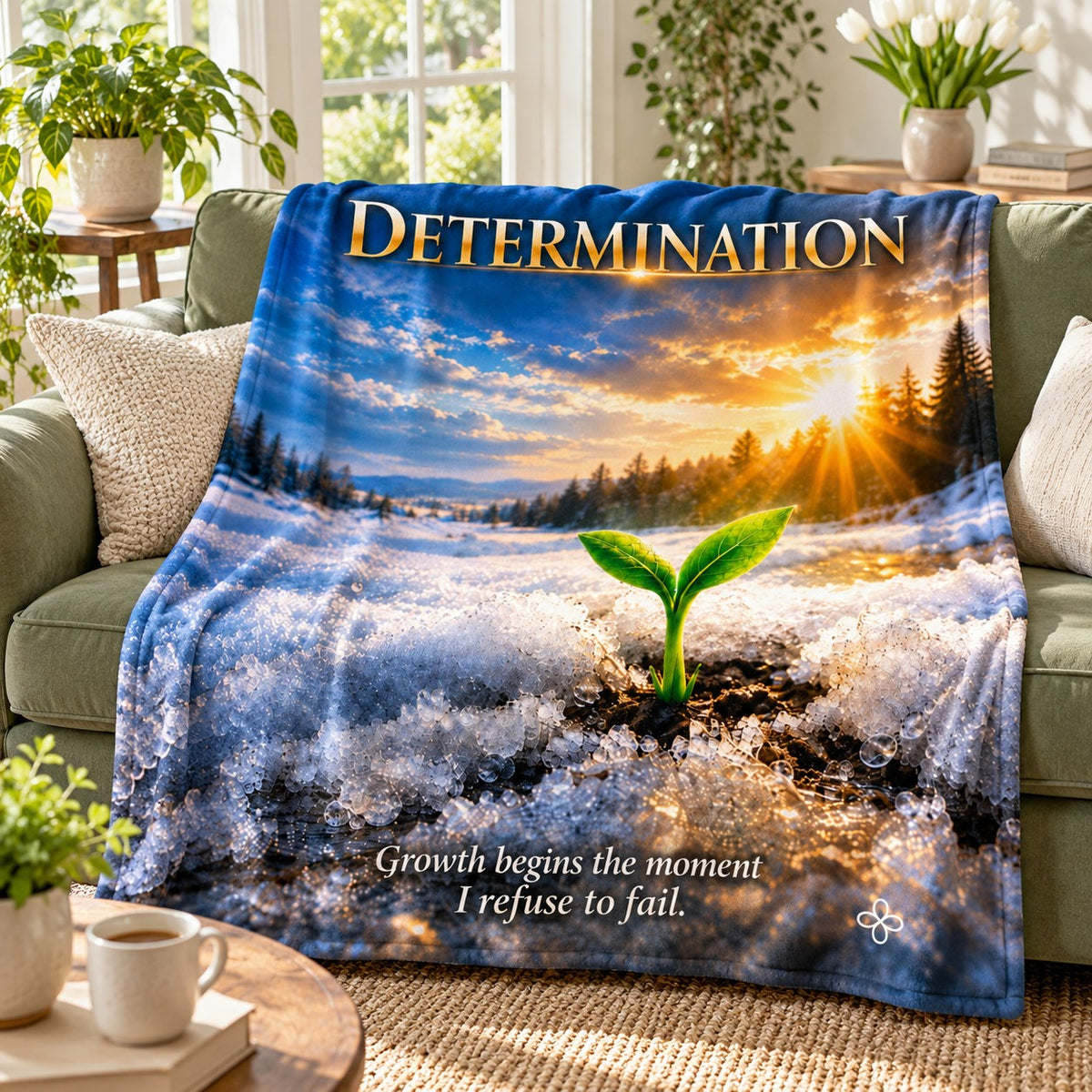 Determination motivational quote blanket draped over a sofa