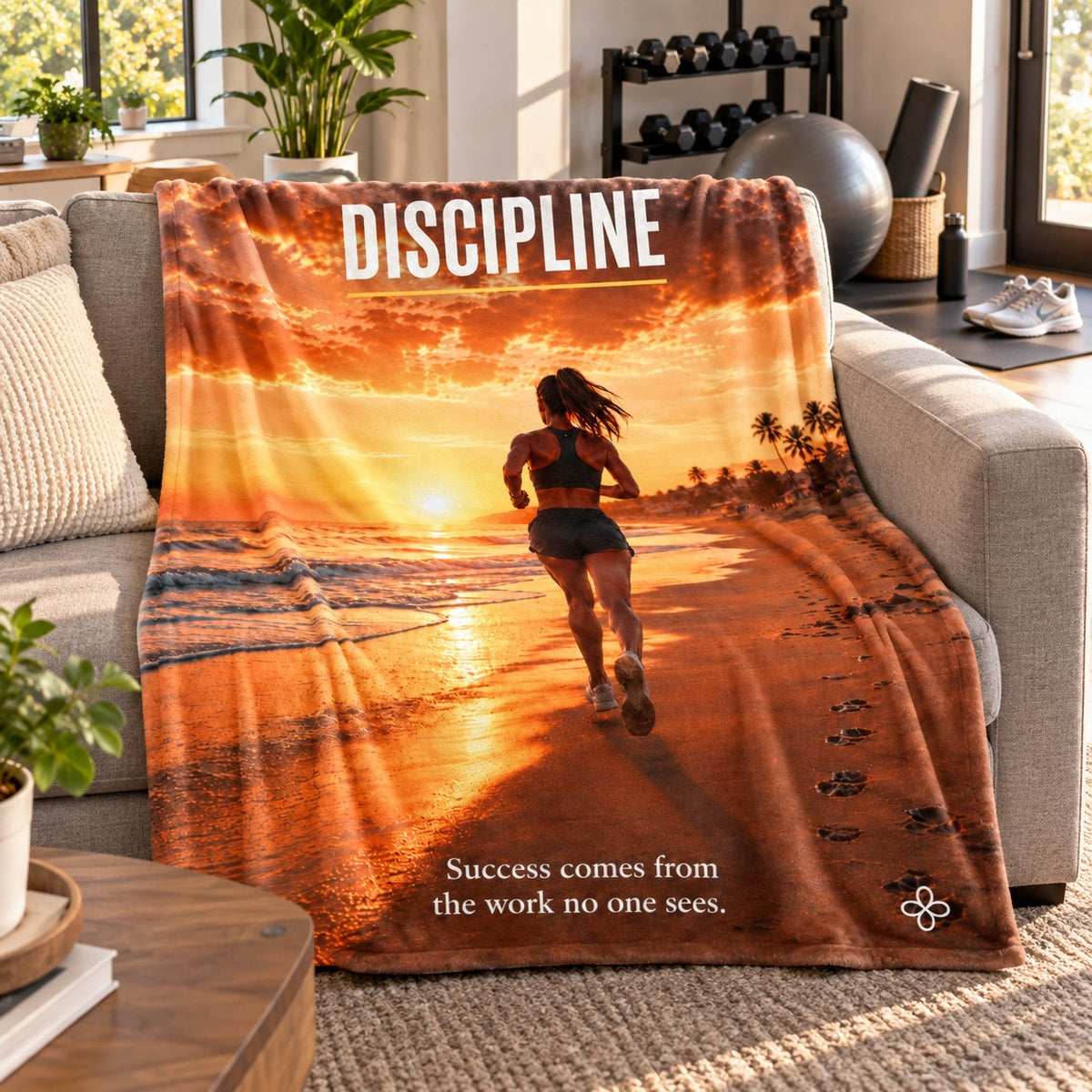 Discipline motivational quote blanket draped over a sofa