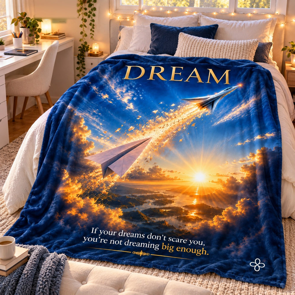 Dream motivational quote sherpa blanket draped over a sofa