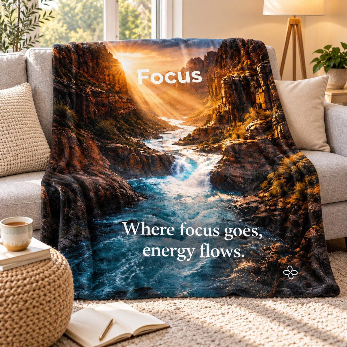 Focus motivational quote blanket draped over a sofa