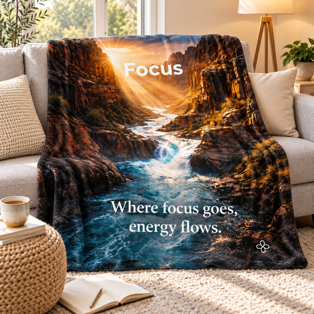 Focus motivational quote sherpa blanket draped over a sofa