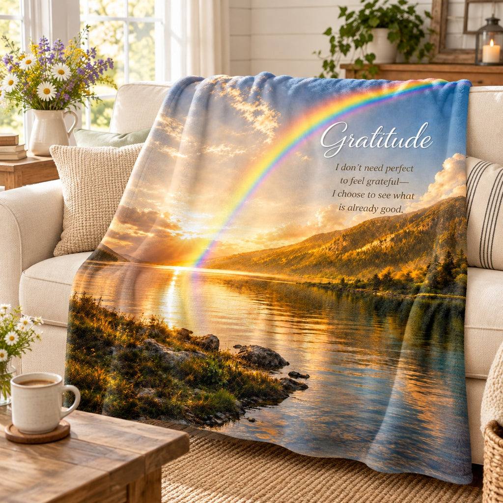 Gratitude motivational quote blanket draped over a sofa