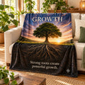 Growth motivational quote sherpa blanket draped over a sofa