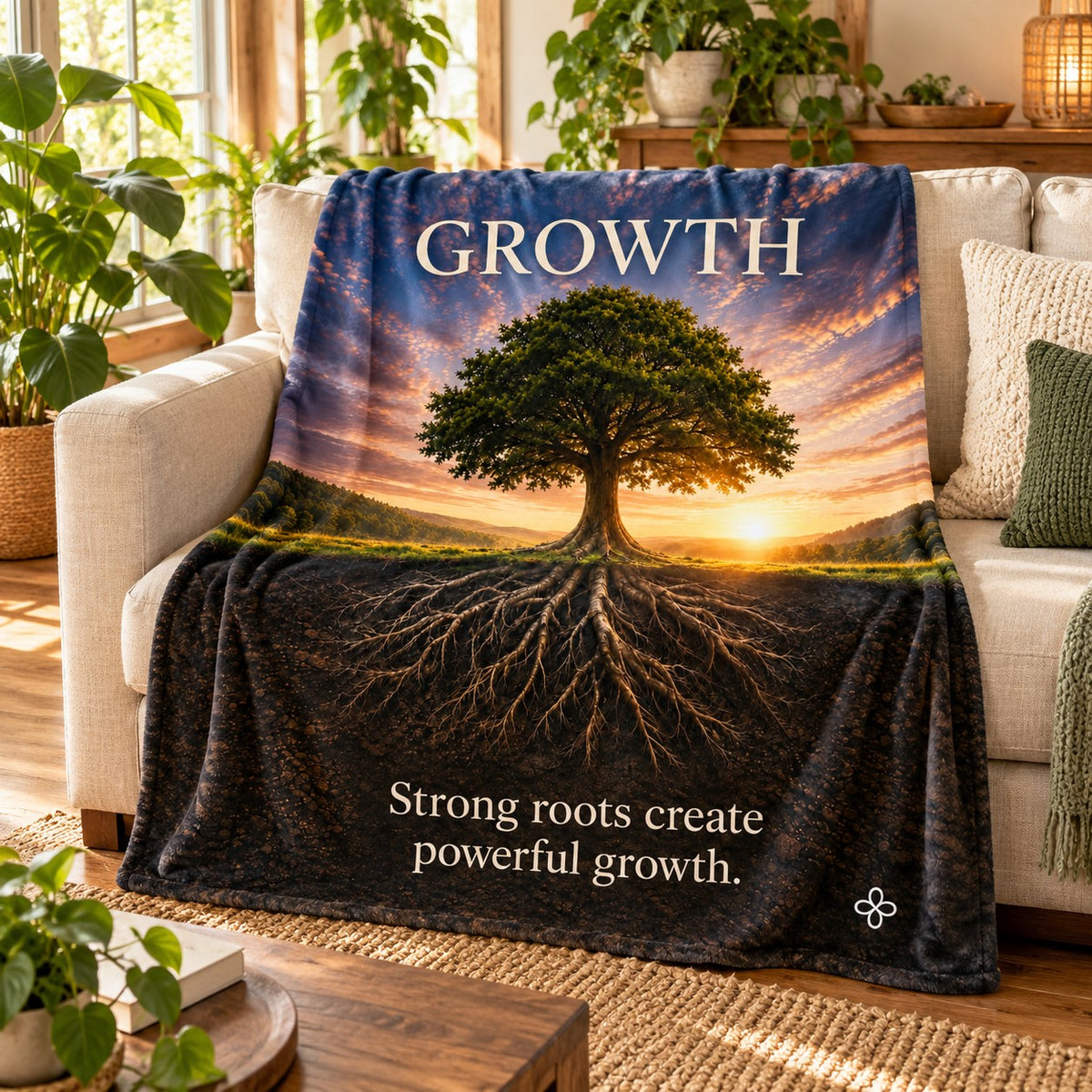 Growth motivational quote sherpa blanket draped over a sofa