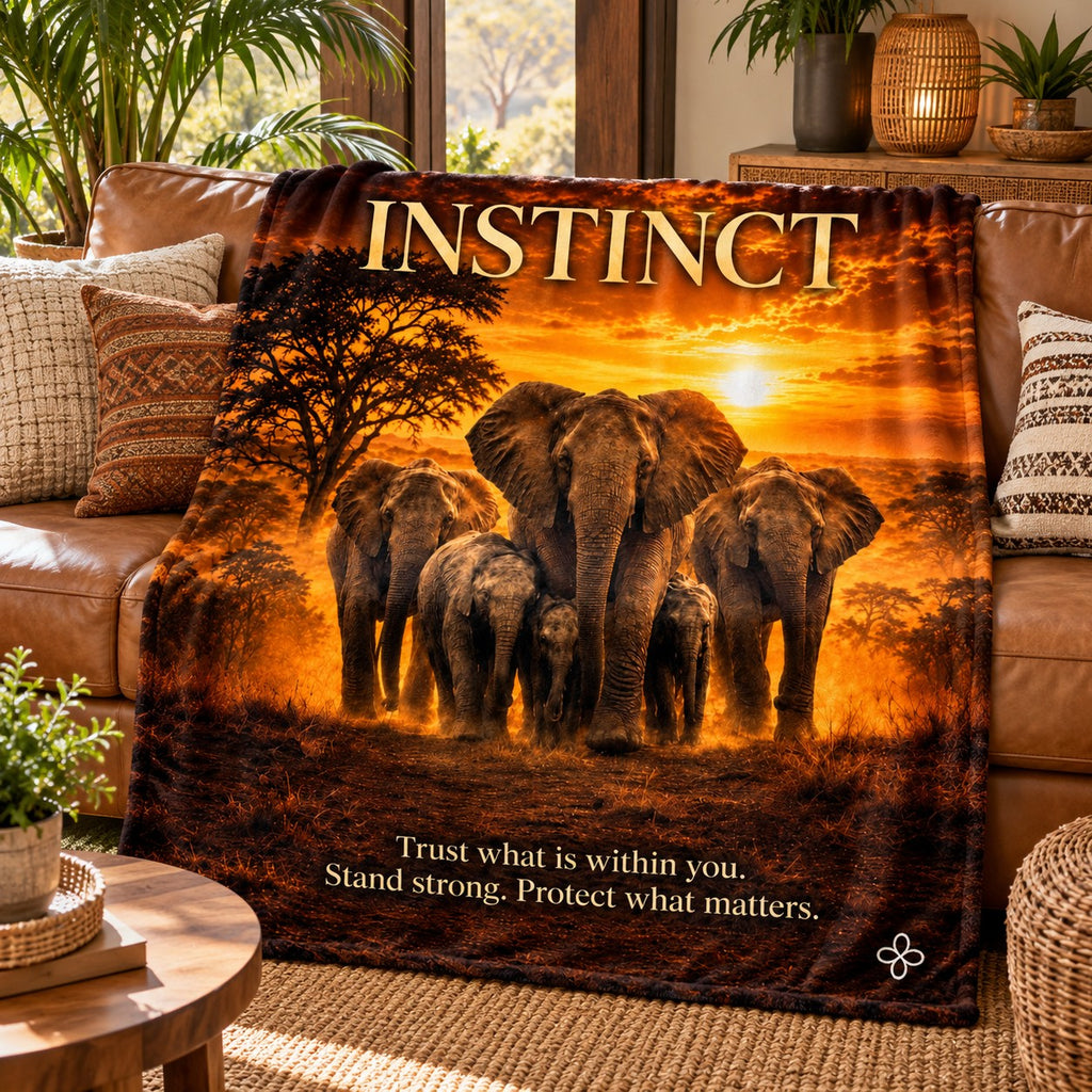 Instinct motivational quote sherpa blanket draped over a sofa