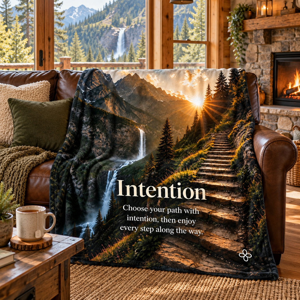 Intention motivational quote sherpa blanket draped over a sofa