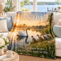 It's Time motivational quote sherpa blanket draped over a sofa
