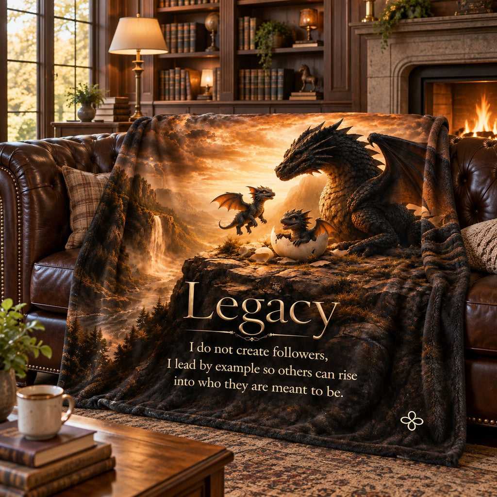 Legacy motivational quote blanket draped over a sofa