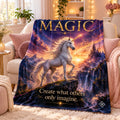 Magic motivational quote sherpa blanket draped over a sofa
