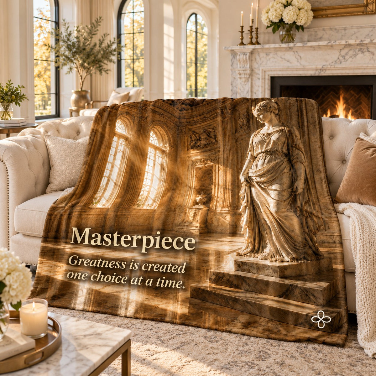Masterpiece motivational quote sherpa blanket draped over a sofa