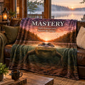 Mastery motivational quote sherpa blanket draped over a sofa