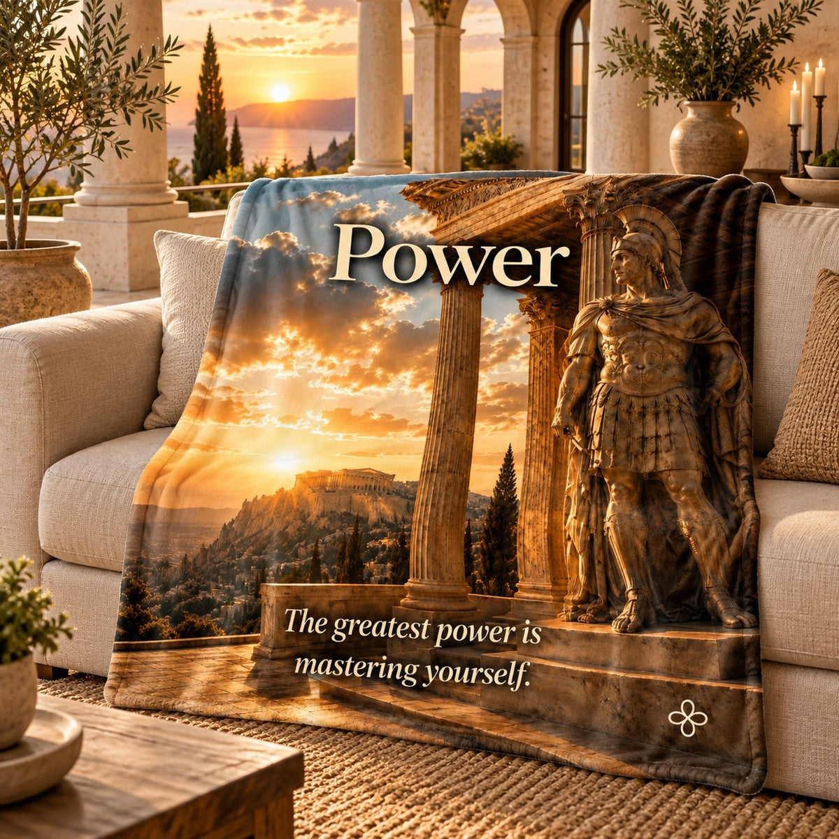 Power motivational quote blanket draped over a sofa