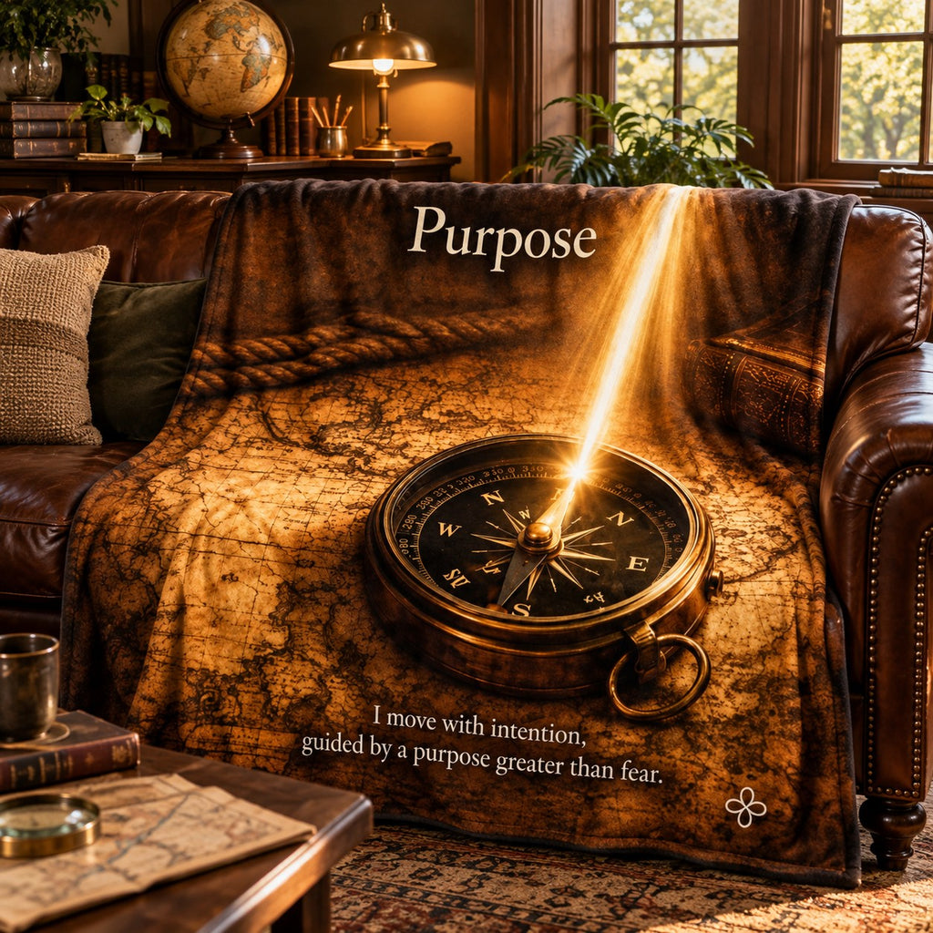 Purpose motivational quote blanket draped over a sofa