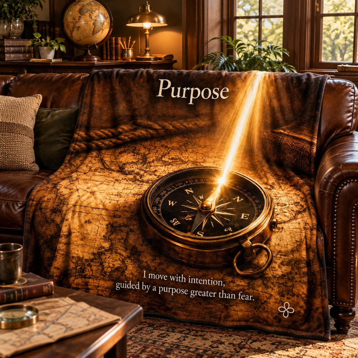 Purpose motivational quote blanket draped over a sofa