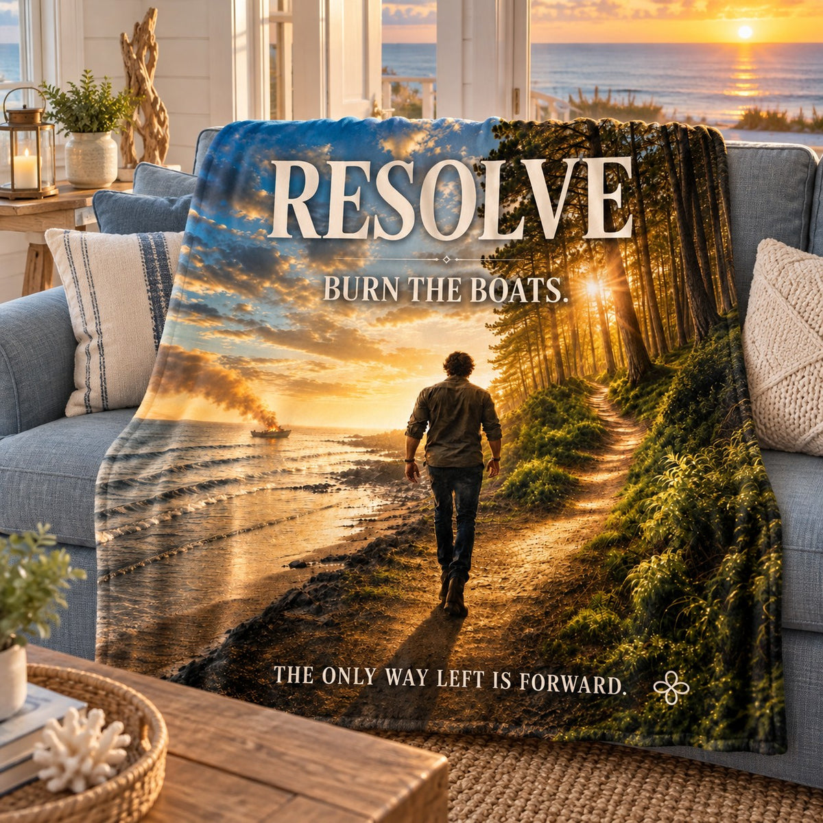 Resolve motivational quote blanket draped over a sofa