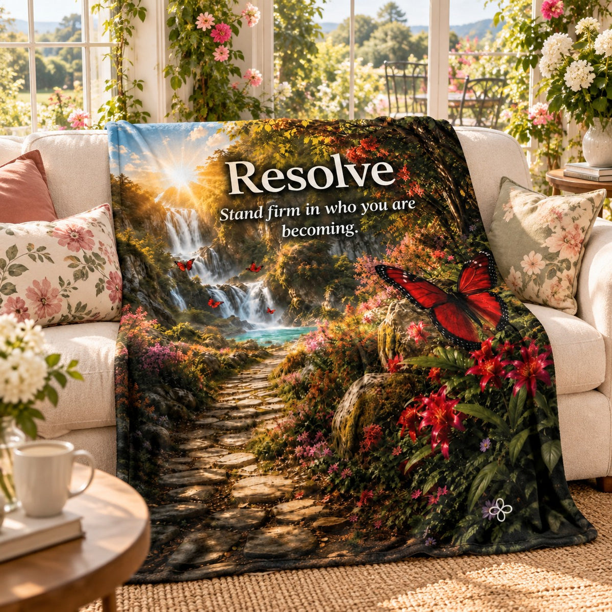Resolve motivational quote sherpa blanket draped over a sofa