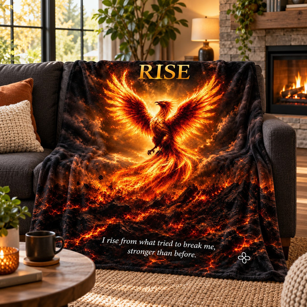 Rise motivational quote sherpa blanket draped over a sofa