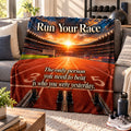 Run Your Race motivational quote blanket draped over a sofa