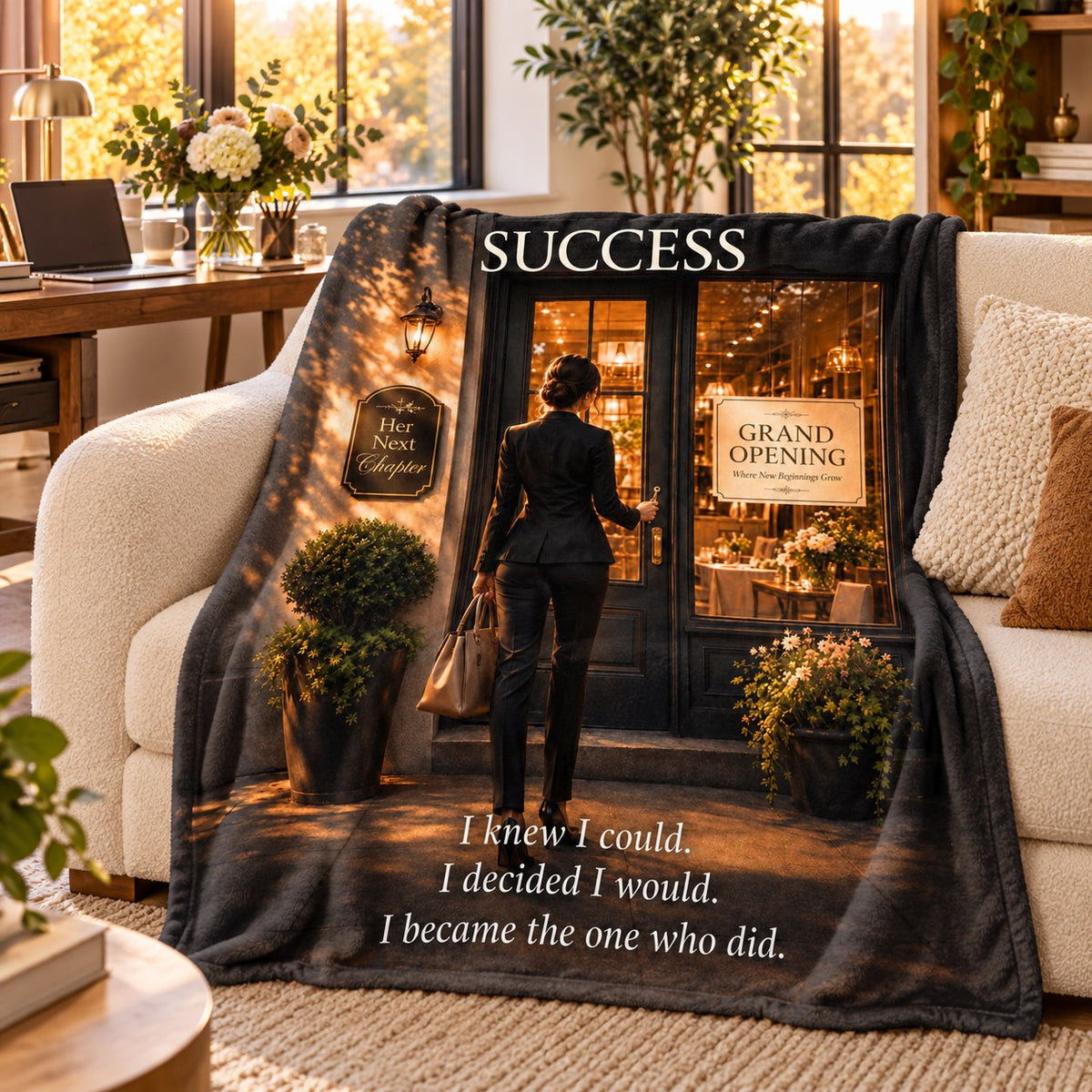 Success motivational quote sherpa blanket draped over a sofa