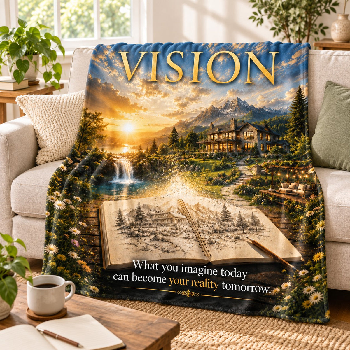 Vision motivational quote blanket draped over a sofa in a cozy living room