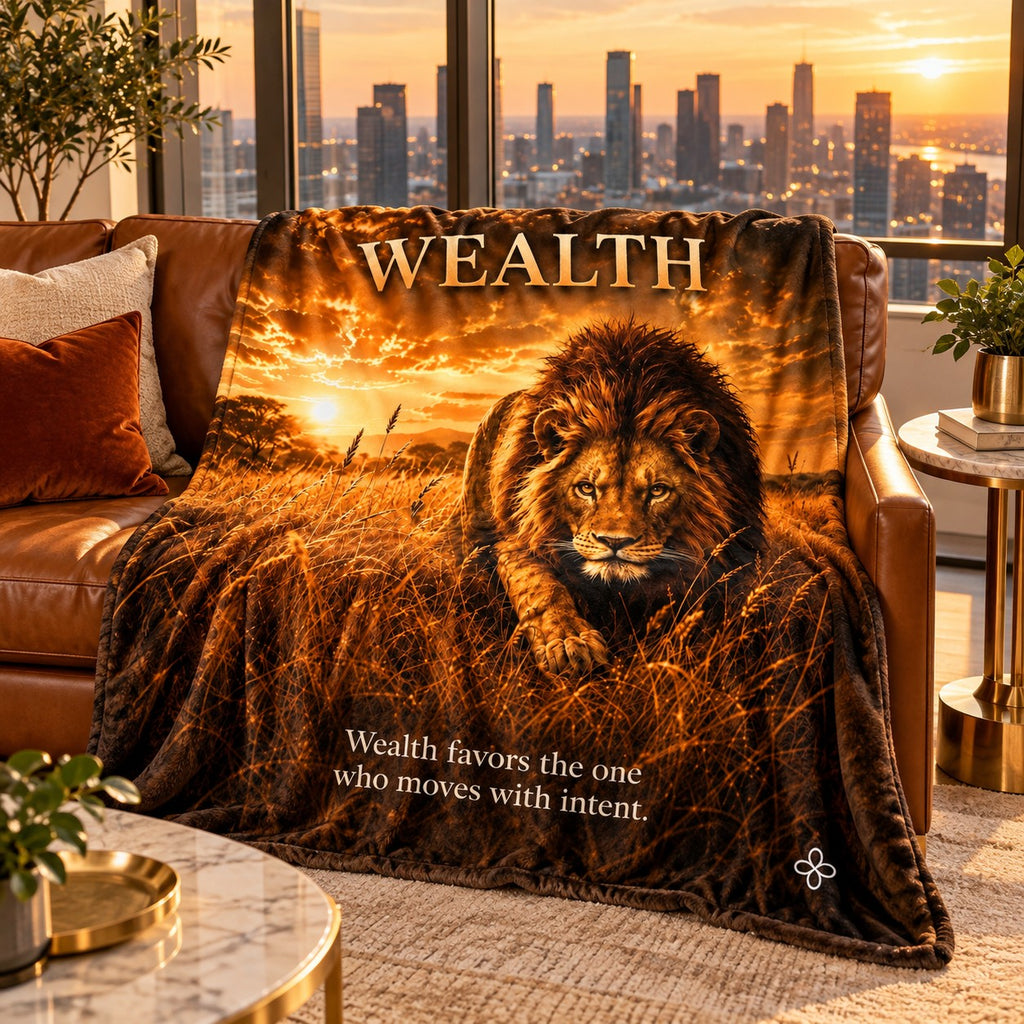 Wealth motivational quote blanket draped over a sofa