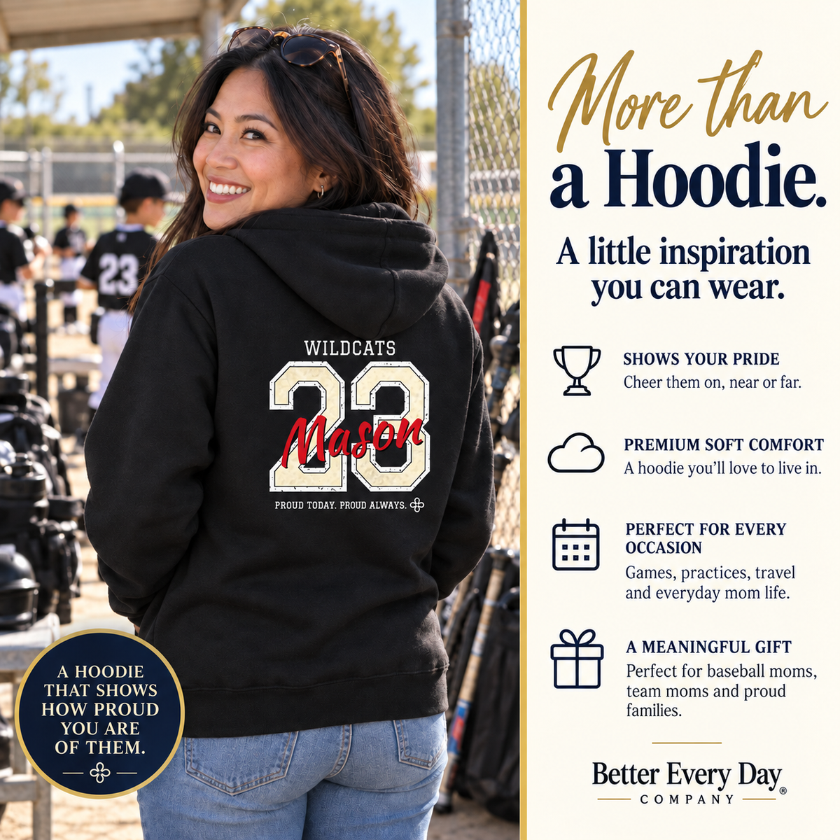 Personalized Baseball Family Jersey Hoodie - Proud Today. Proud Always. | Mom, Dad, Nana, Coach & More | Custom Team Name, Number & Player Name | Gildan Hoodie