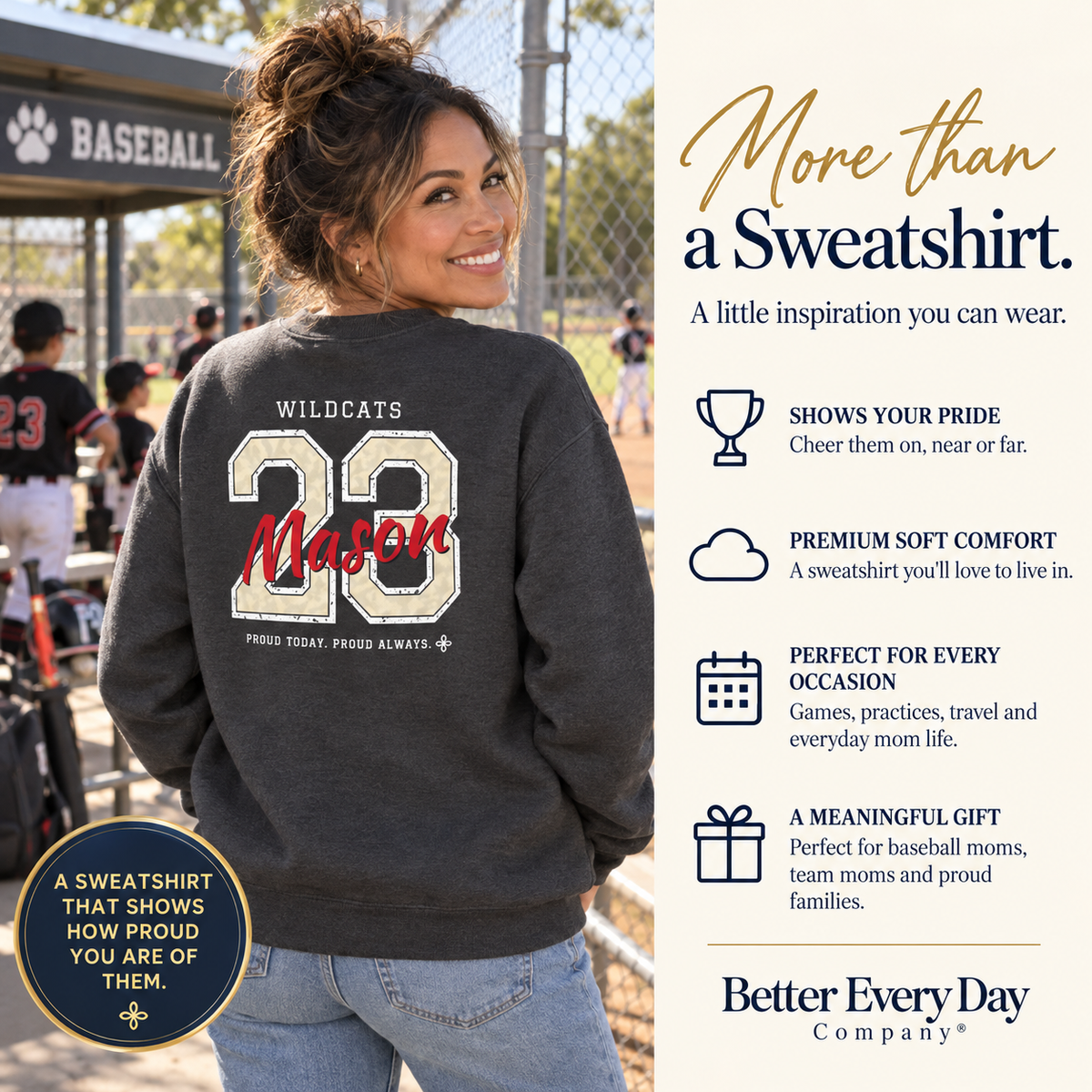 Personalized Baseball Family Jersey Sweatshirt - Proud Today. Proud Always. | Mom, Dad, Nana, Coach & More | Custom Team Name, Number & Player Name | Gildan Crewneck