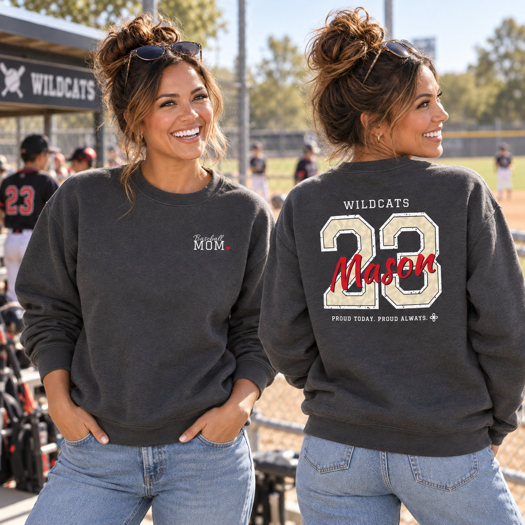 Personalized Baseball Family Jersey Sweatshirt - Proud Today. Proud Always. | Mom, Dad, Nana, Coach & More | Custom Team Name, Number & Player Name | Gildan Crewneck