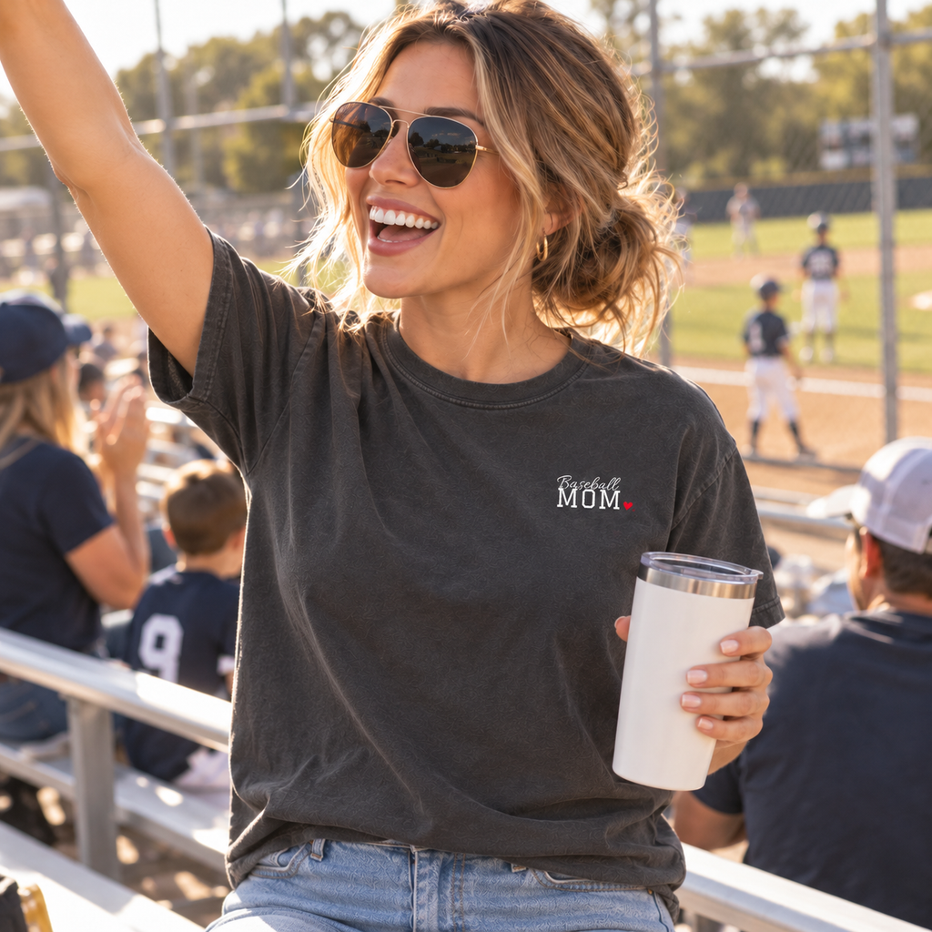 Baseball mom wearing the personalized jersey tee