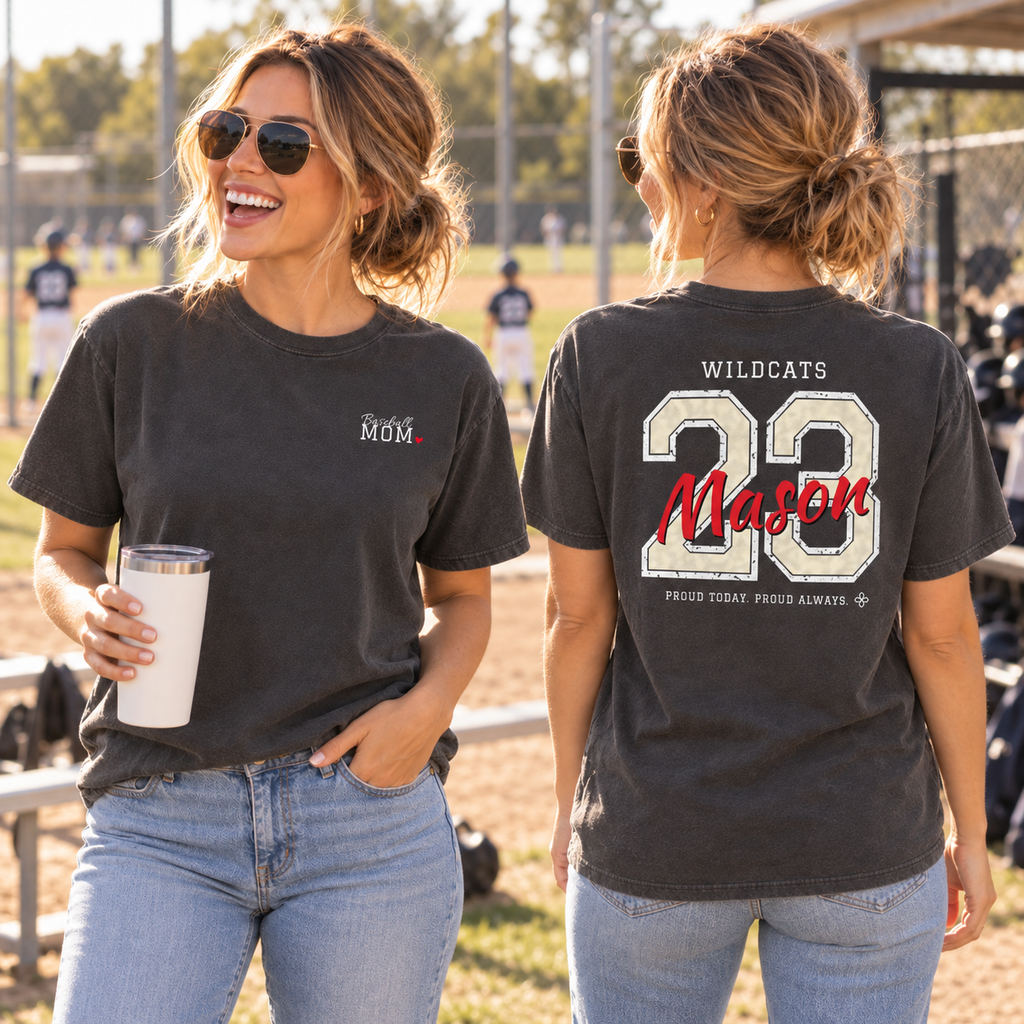 Front and back of the personalized Baseball Mom jersey tee