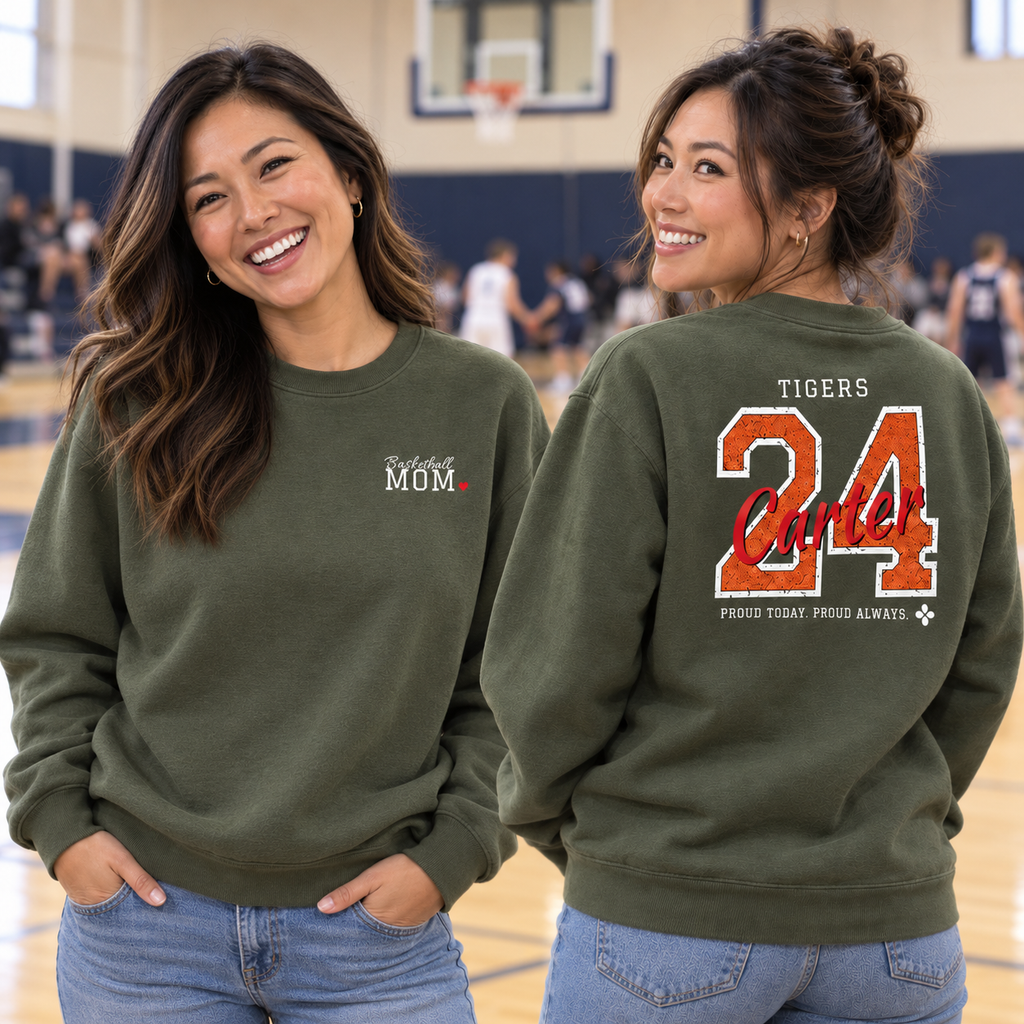 Personalized Basketball Family Jersey Sweatshirt - Proud Today. Proud Always. | Mom, Dad, Nana, Coach & More | Custom Team Name, Number & Player Name | Gildan Crewneck