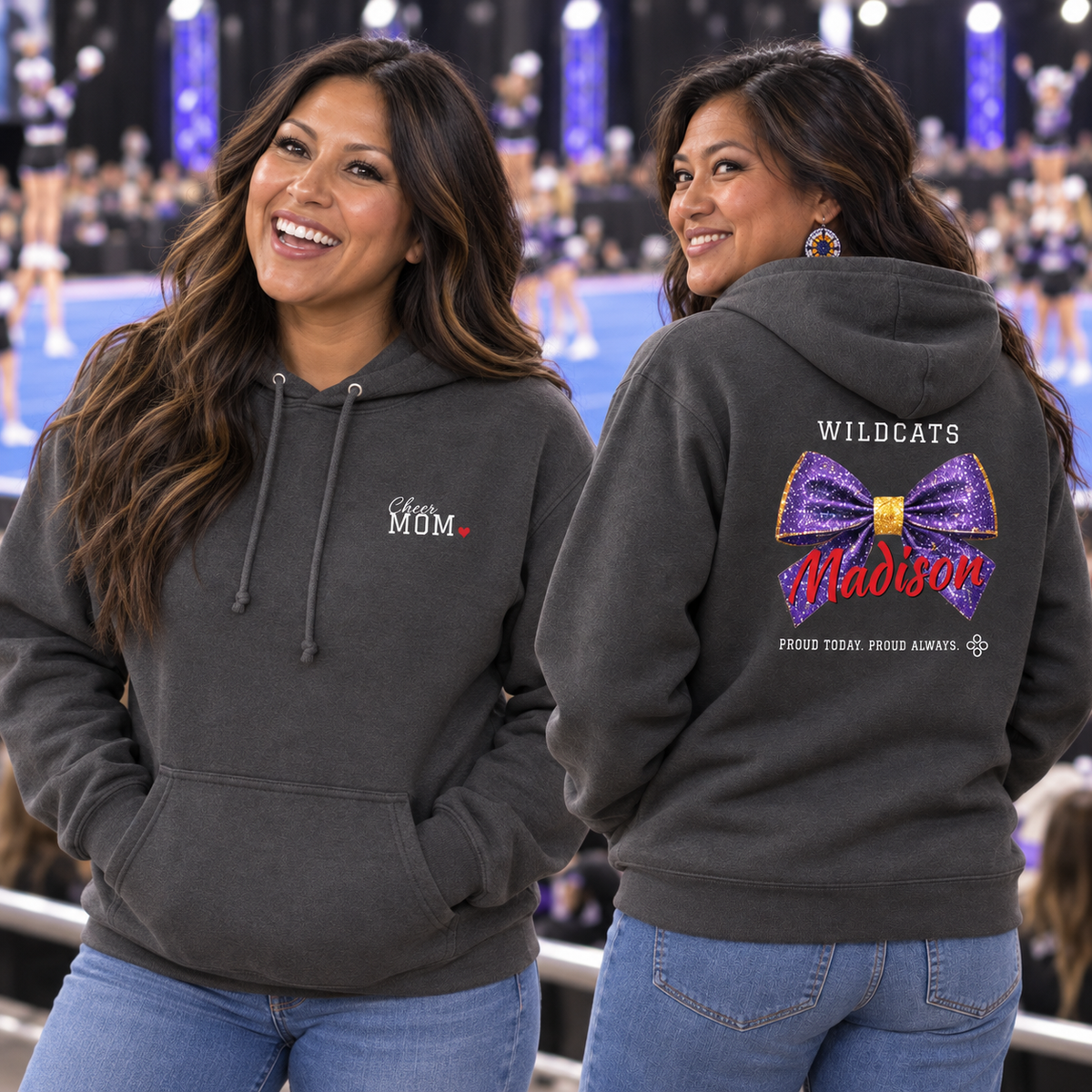 Front and back of the personalized Cheer Mom jersey hoodie