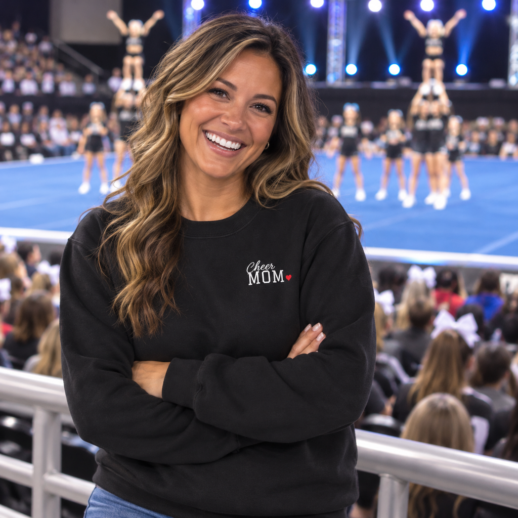 Cheer mom wearing the personalized jersey sweatshirt