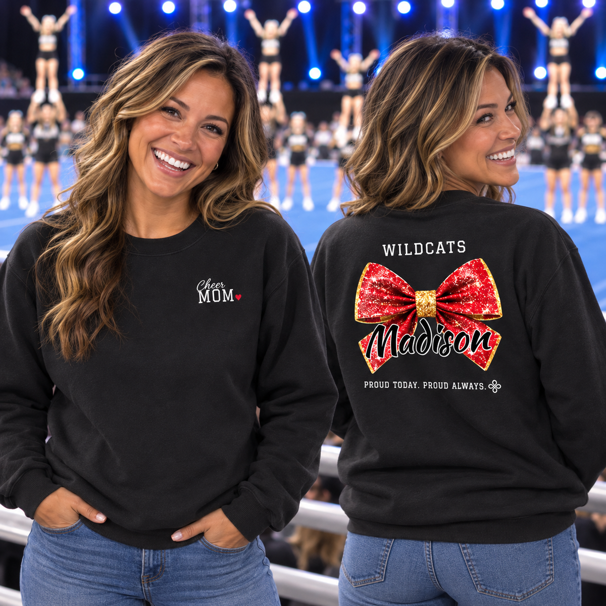 Front and back of the personalized Cheer Mom jersey sweatshirt
