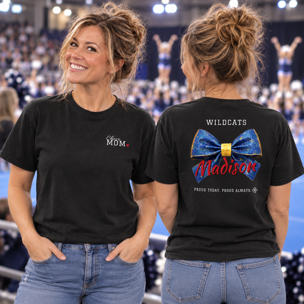 Front and back of the personalized Cheer Mom jersey tee