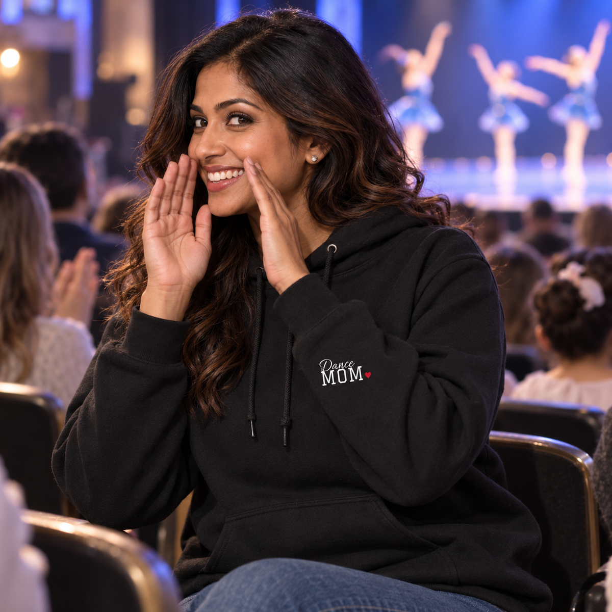 Dance mom wearing the personalized jersey hoodie