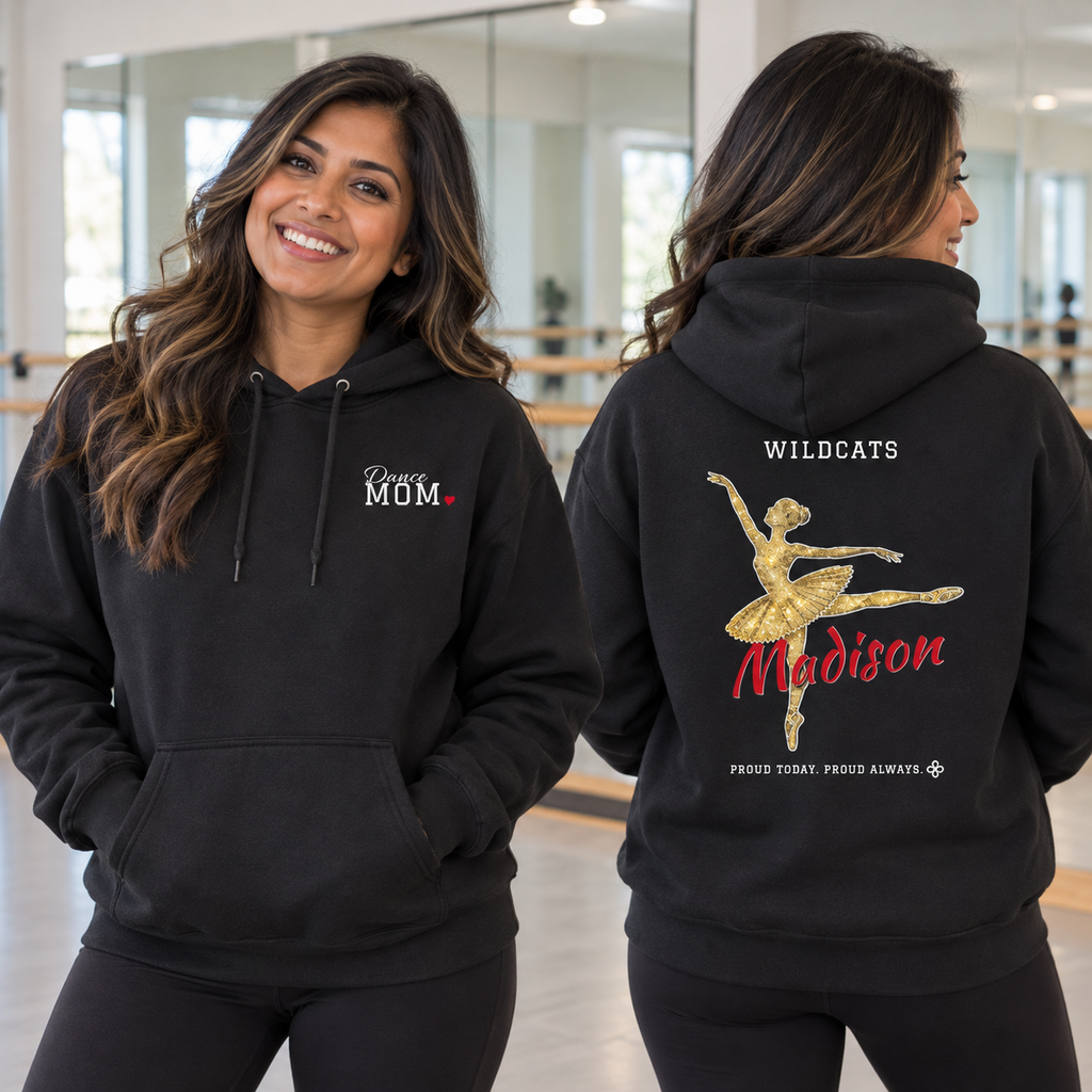 Front and back of the personalized Dance Mom jersey hoodie