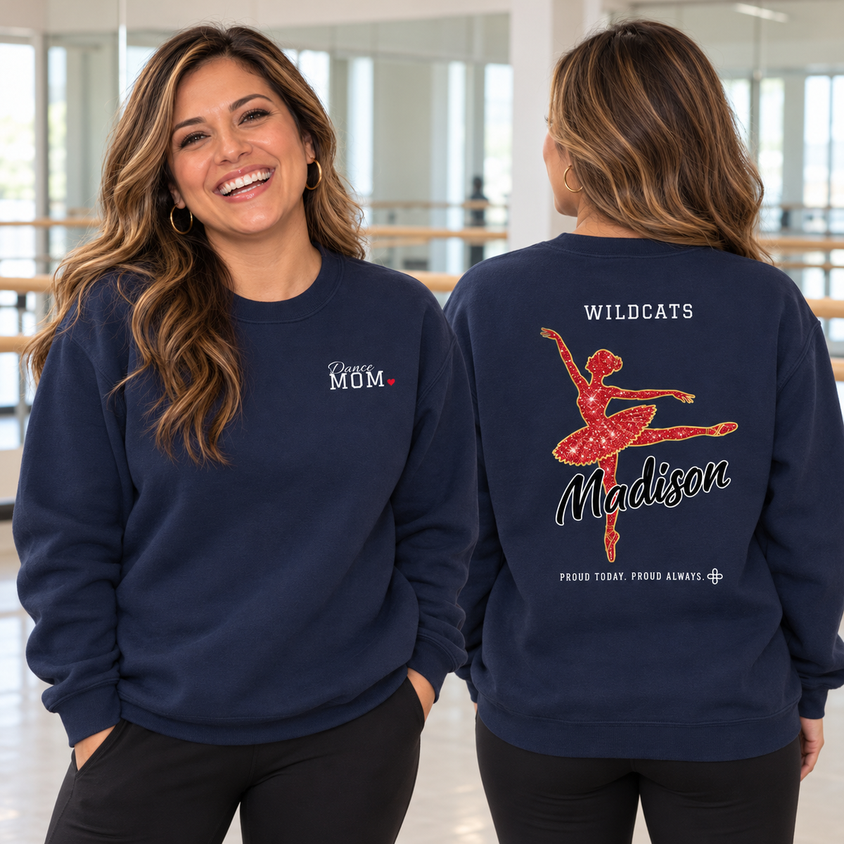 Front and back of the personalized Dance Mom jersey sweatshirt