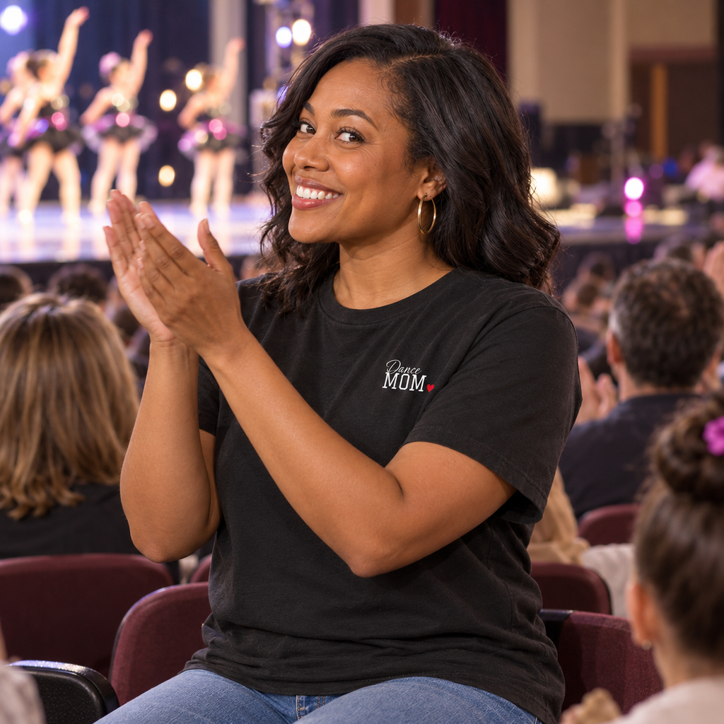 Dance mom wearing the personalized jersey tee