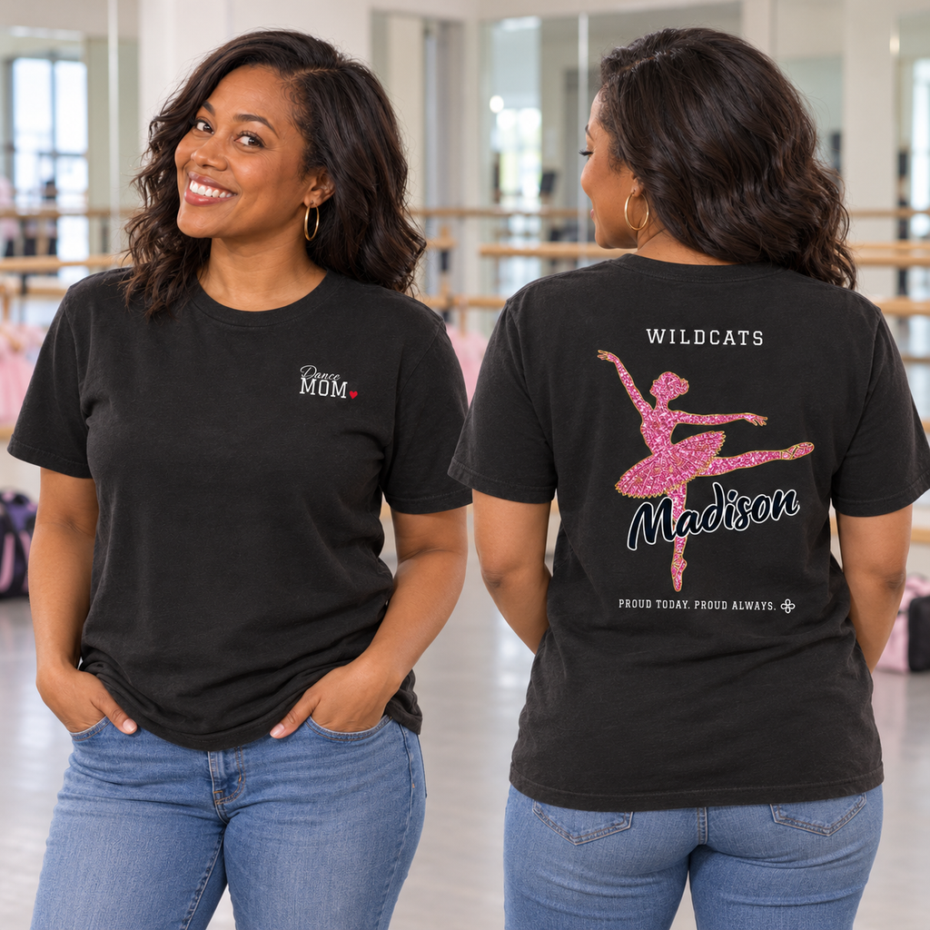 Front and back of the personalized Dance Mom jersey tee