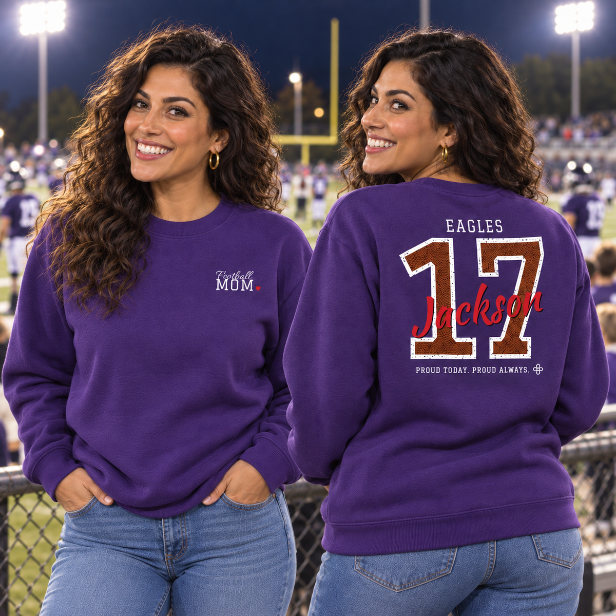 Personalized Football Family Jersey Sweatshirt - Proud Today. Proud Always. | Mom, Dad, Nana, Coach & More | Custom Team Name, Number & Player Name | Gildan Crewneck