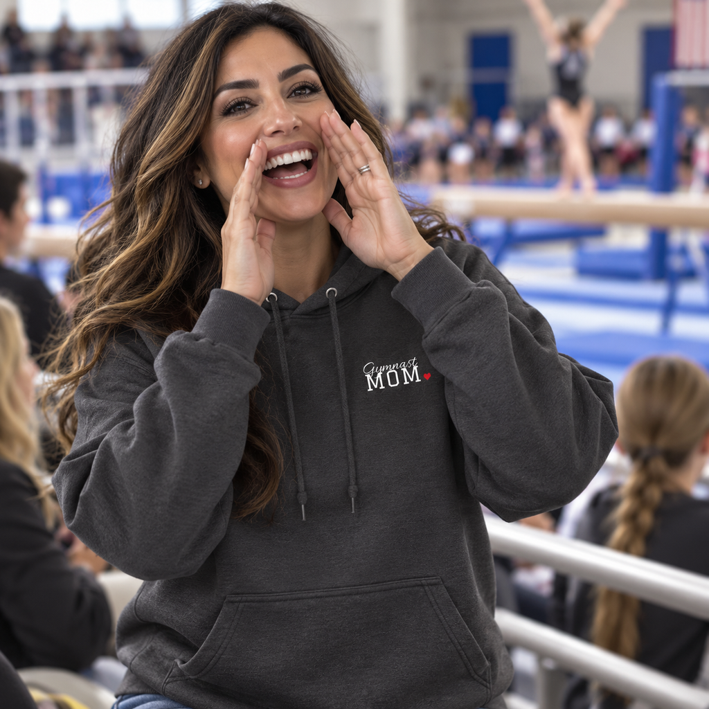 Gymnastics mom wearing the personalized jersey hoodie