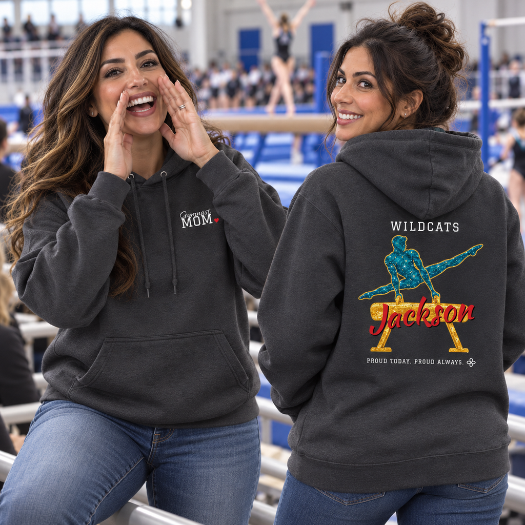 Front and back of the personalized Gymnastics Mom jersey hoodie