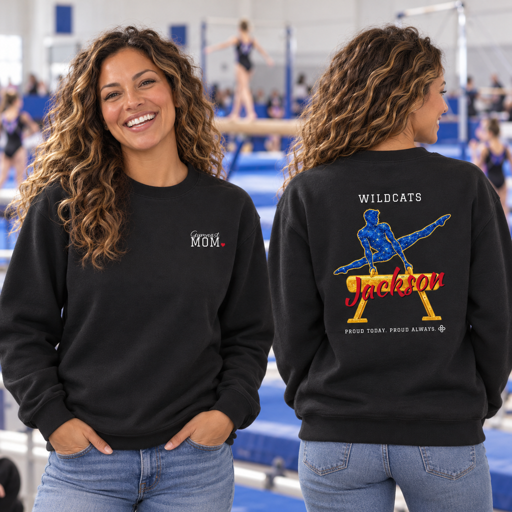 Front and back of the personalized Gymnastics Mom jersey sweatshirt