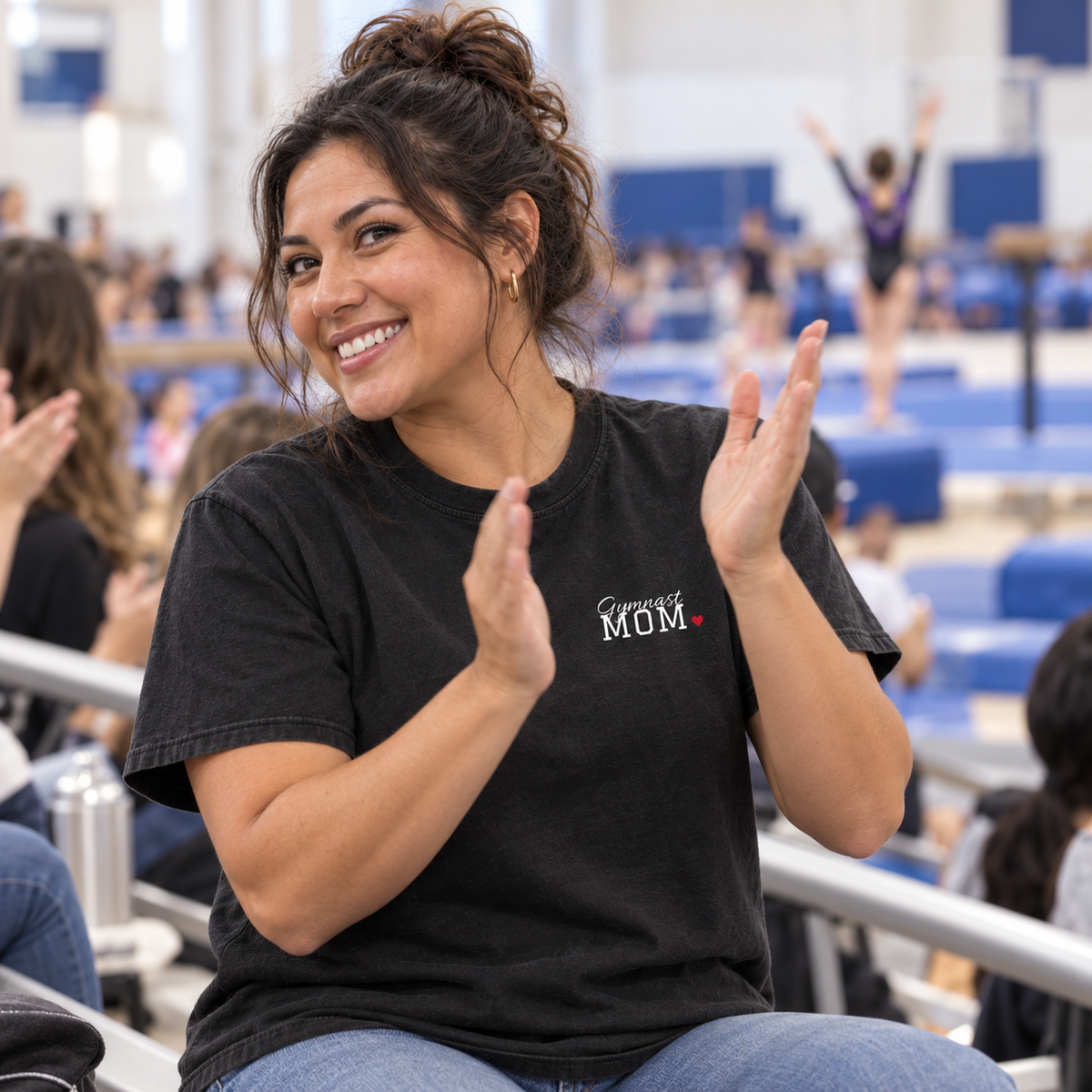 Gymnastics mom wearing the personalized jersey tee