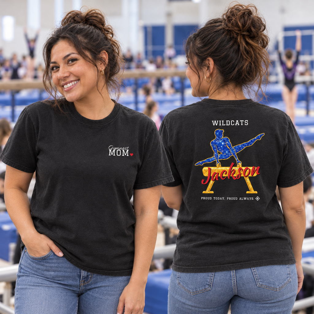 Front and back of the personalized Gymnastics Mom jersey tee
